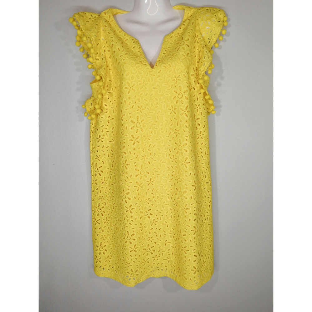 Charter Club Lace Eyelet Yellow Flutter Sleeve Mini Dress Medium NWT‎ Retro Chic